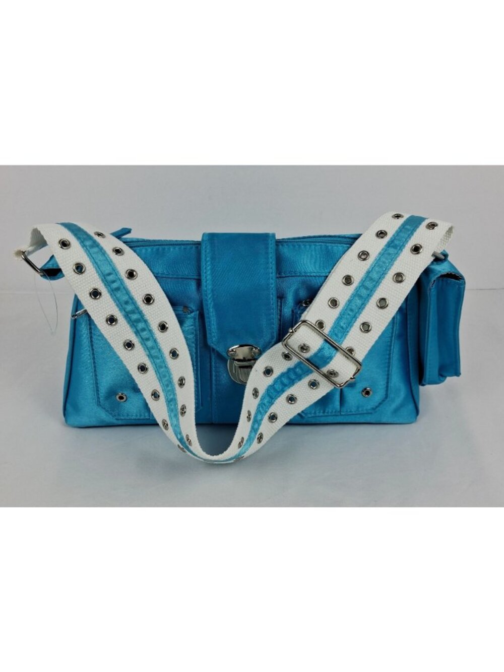 Blue Metallic Shoulder Bag White Grommet Strap & Multiple Zipper Pockets - Picture 6 of 13